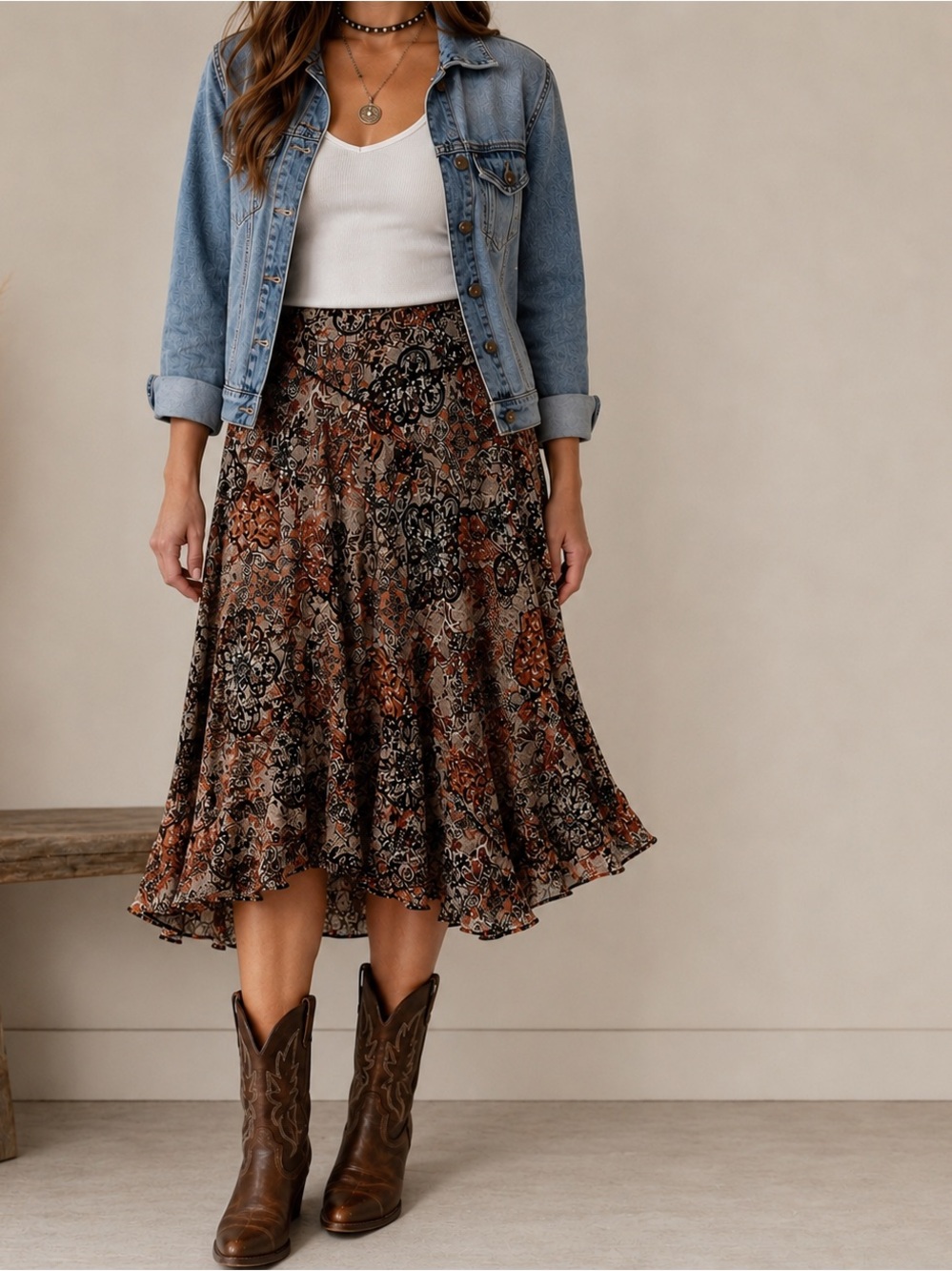 Brown Vintage Western Printed Lined Flare Fairy Grunge Midi Skirt size 14